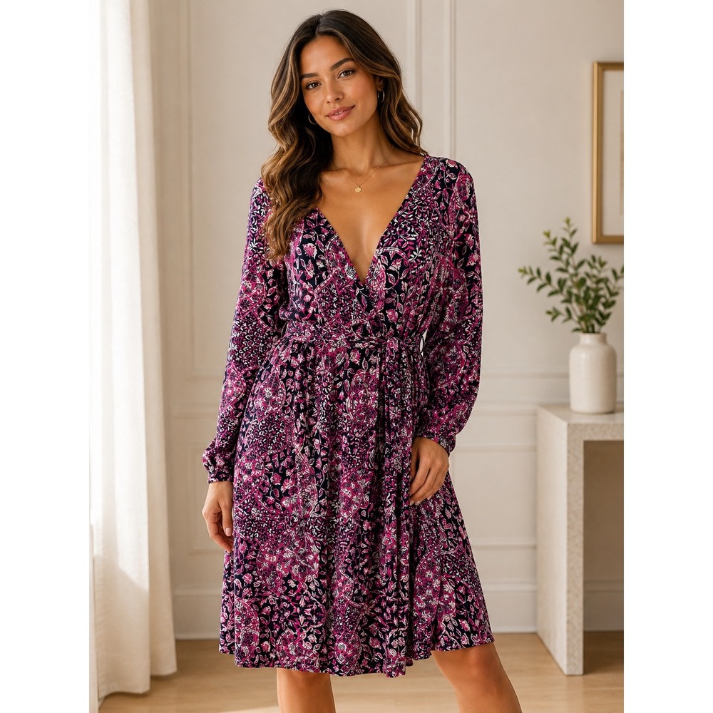 Artisan NY Pink Navy Paisley Faux Wrap Long Sleeve Dress Boho L Floral Jersey